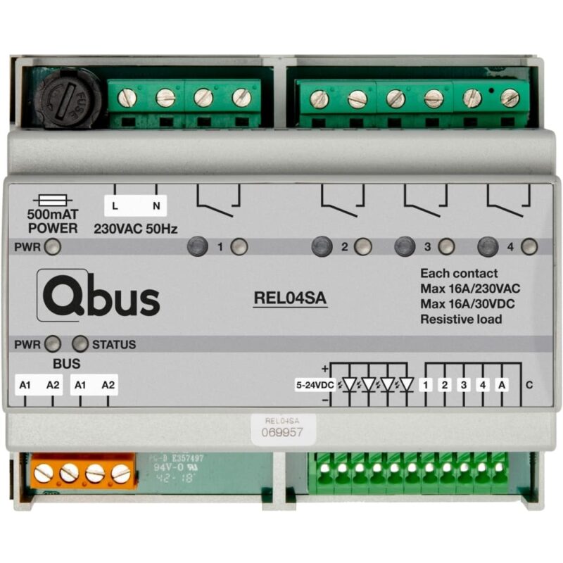 Qbus Relaismodule (4x 16A potentiaalvrij) 4 ingangen + 1 ingang paniekknop REL04SA