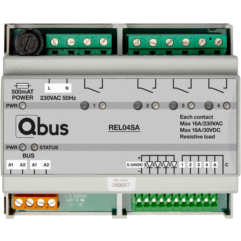 Qbus Relaismodule (4x 16A potentiaalvrij) 4 ingangen + 1 ingang paniekknop REL04SA
