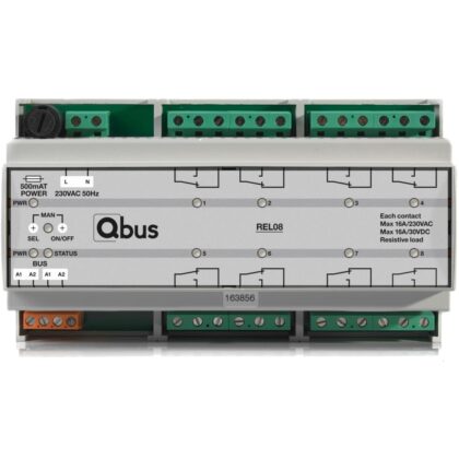 Qbus Relaismodule (8x 16A) met manuele bediening en LED indicatie REL08