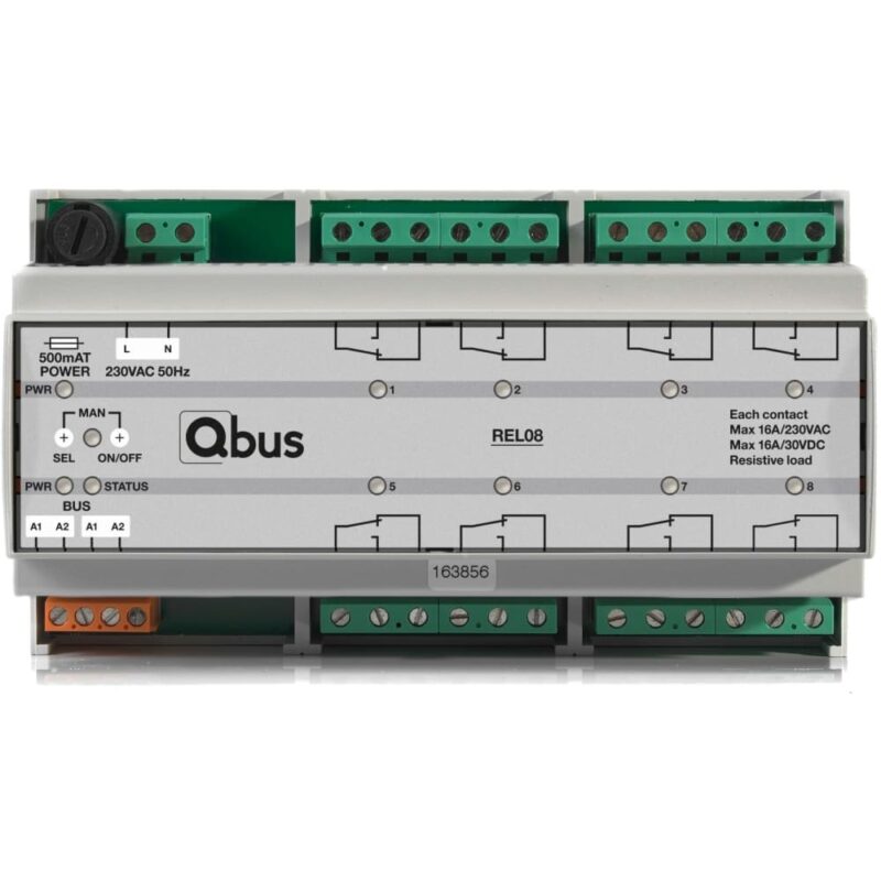 Qbus Relaismodule (8x 16A) met manuele bediening en LED indicatie REL08