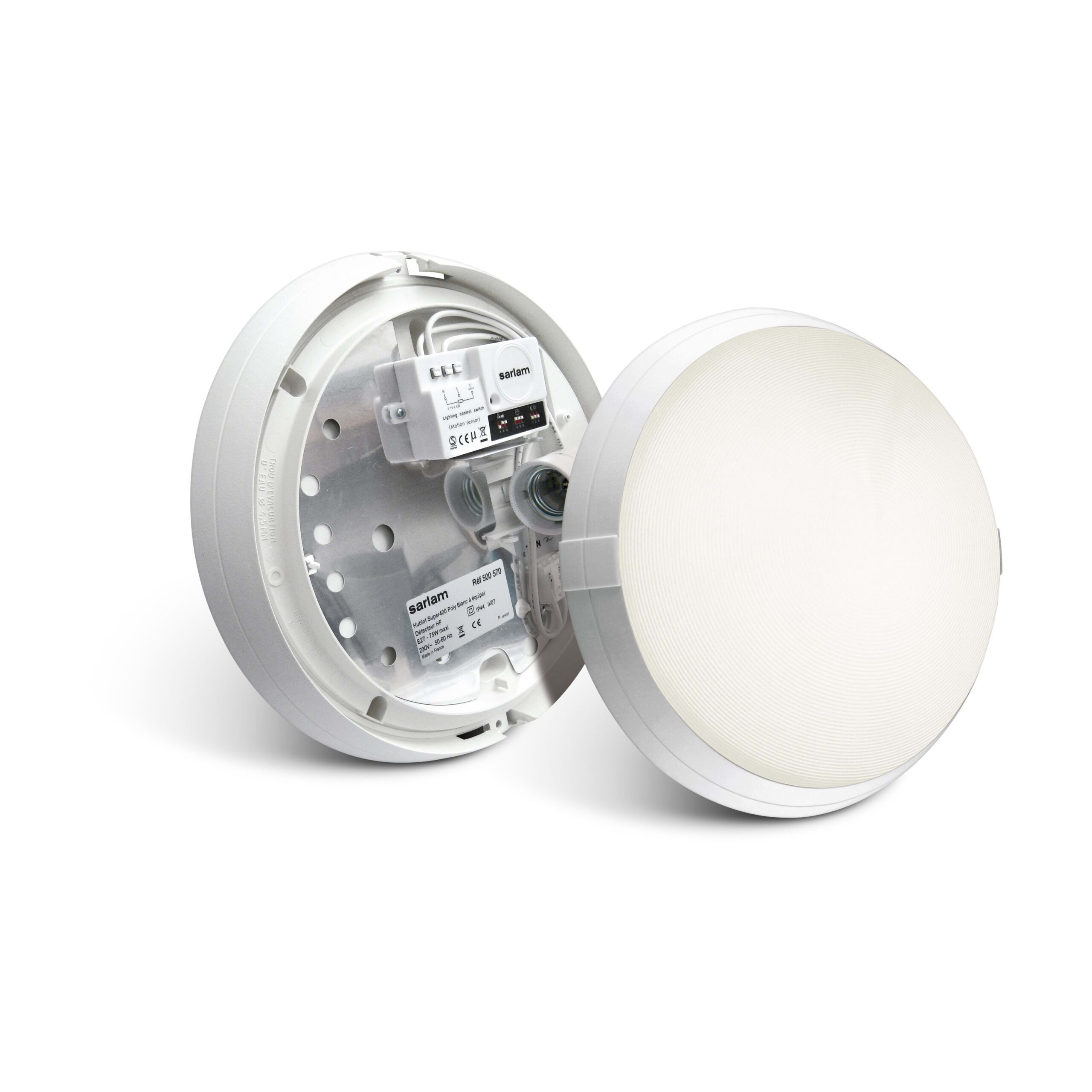 SARLAM Super 400 functioneel armatuur rond ø296mm E27 IP44 IK04 wit - HF detector 500570