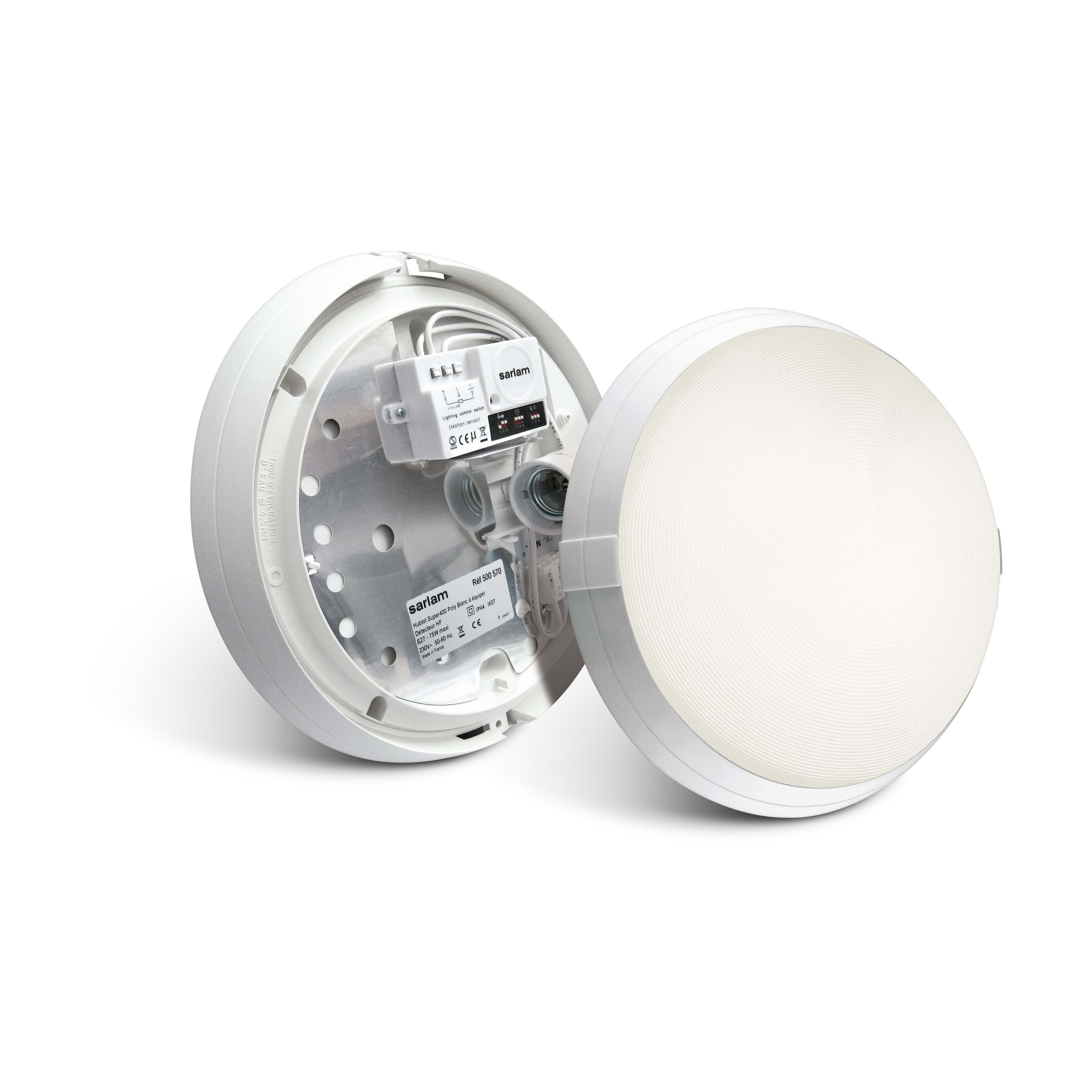 SARLAM Super 400 functioneel armatuur rond ø296mm E27 IP44 IK04 wit - HF detector 500570