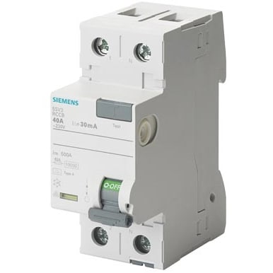 SIEMENS VERLIESSTROOMSCHAKELAAR TYPE A 40A 1+N 30MA 230V 2MOD I2T CEBEC 5SV33146BA