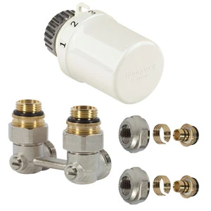 Honeywell Home TL3096 radiatoraansluitset met H-blok 100% 1/2 x EK3/4 - muurmodel - Thera 6 thermostaatknop - 16x2 meerlagenbuis koppelingen TL3096W0EY1536