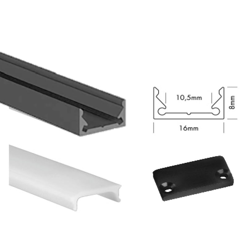 UNI-BRIGHT S-line low profiel zwart + cover opaal 200cm + endcaps SLL2MB