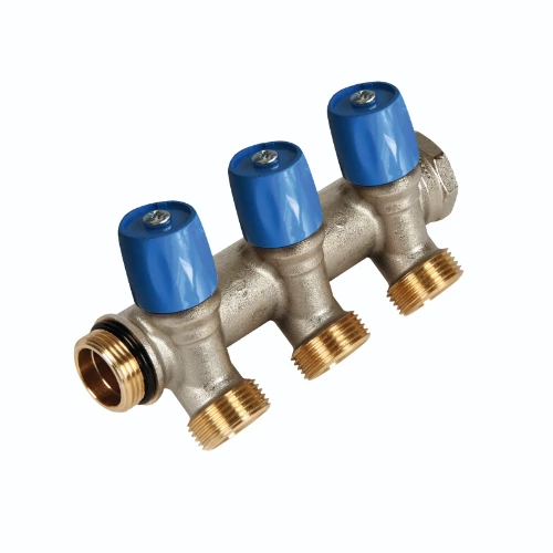 Henco VBS messing collector met afsluitkranen 3/4 - 4 x EK3/4 - blauw VBS050504-BL