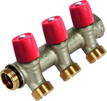 Henco VBS messing collector met afsluitkranen 4/4 - 2 x EK3/4 - rood VBS060502-RO