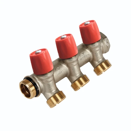 Henco VBS messing collector met afsluitkranen 4/4 - 3 x EK3/4 - blauw VBS060503-BL