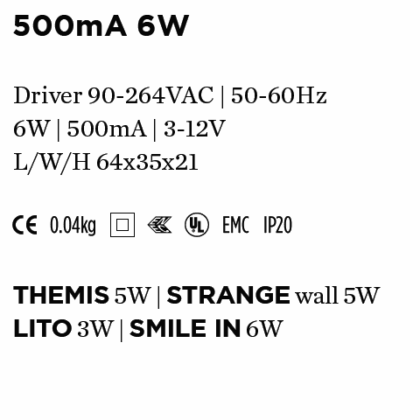 WEVER & DUCRE DRIVER 500mA 6W 64x35x21mm 90214201