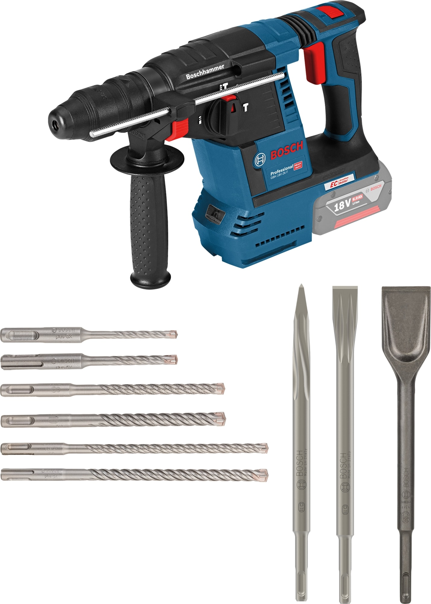 Bosch Professional GBH 18V-26 + SDS-Plus boren 5X en beitels 061599769C