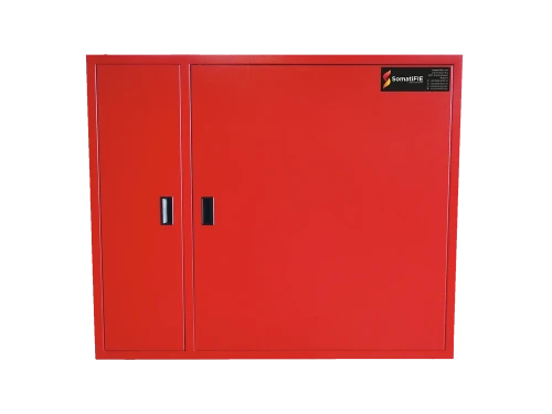 Somati SRI geîsoleerde haspelkast dubbele deur met brandblussercompartiment en verwarming - voor vaste of zwenbare haspel - RAL 3000 Rood - 1100 x 1000 x 260 mm 119464