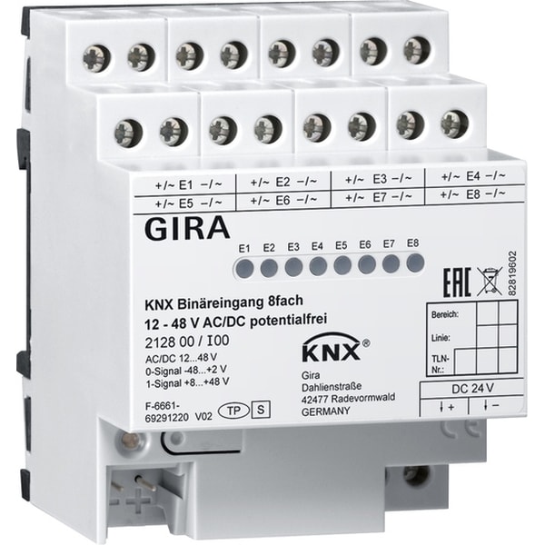 GIRA Binaire ing. 8-v 12-48V AC/DC pot.vrij KNX DIN-rail 212800