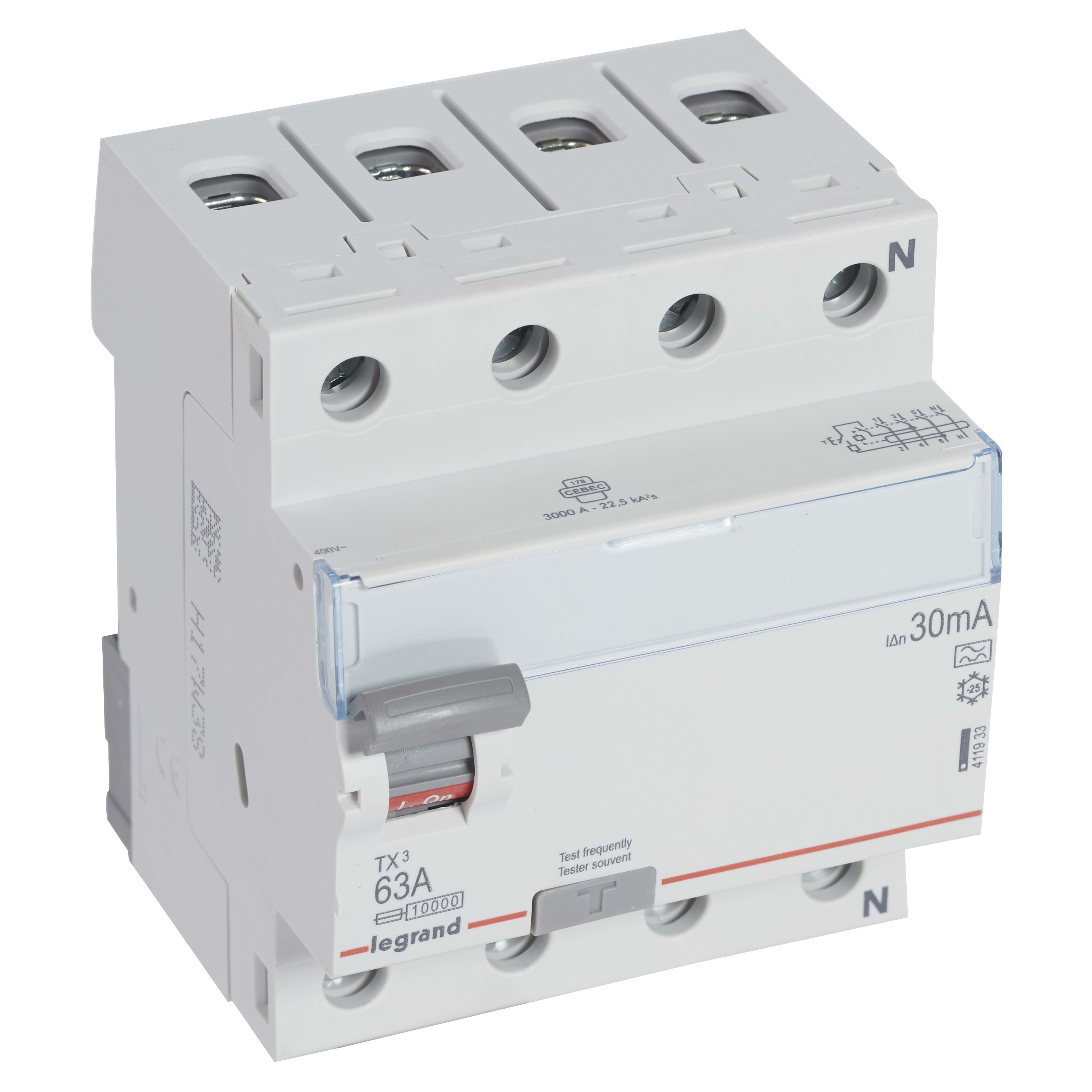 LEGRAND Differentieelschakelaar TX³ 4P 30mA 63A Type A - 4 modules 411933