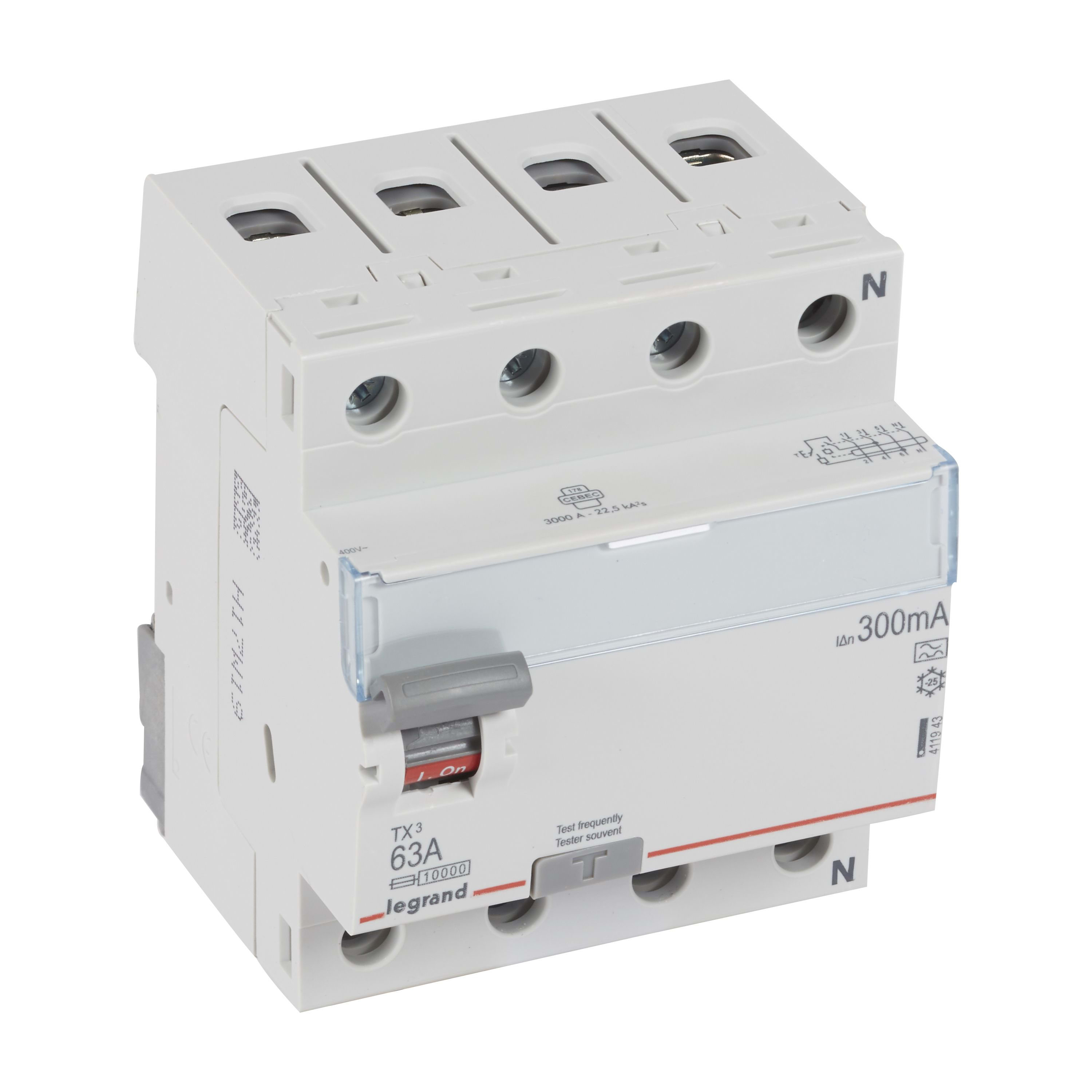 LEGRAND Differentieelschakelaar TX³ 4P 300mA 63A Type A - 4 modules 411943