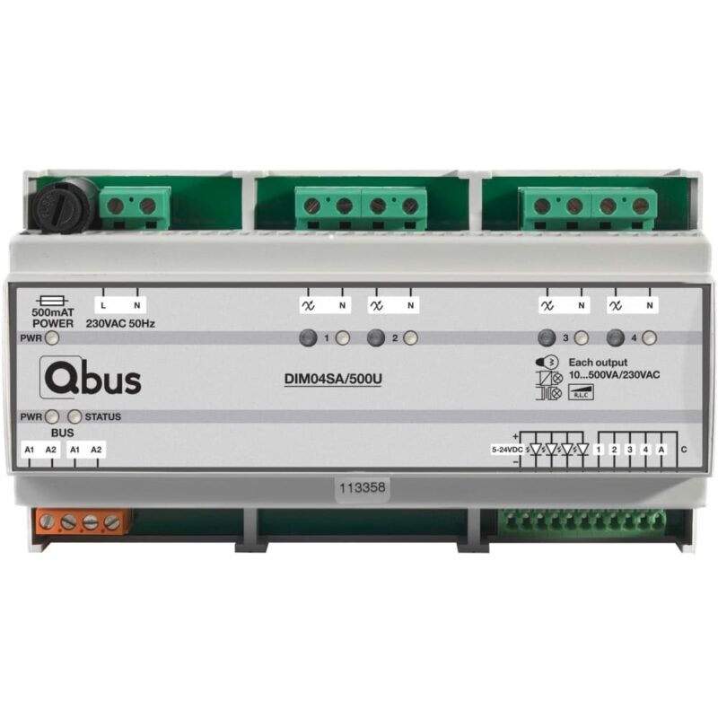 Qbus Dimmermodule (4x 500VA) Universeel met 5 ingangen en LED terugmeldingsoptie DIM04SA/500U