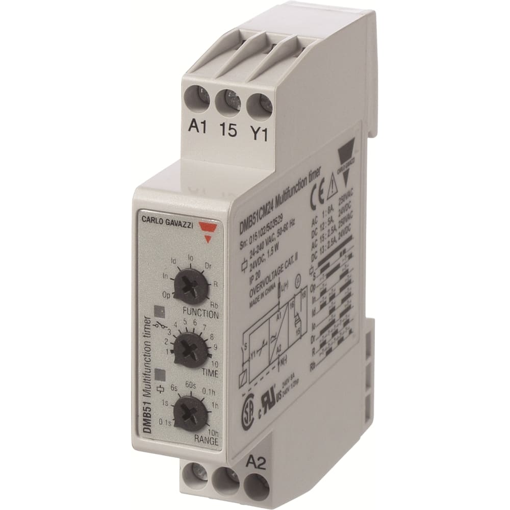 CARLO GAVAZZI CG TIJDRELAIS-MULTI-FUNCTIE-24VDC/24-240VAC-0.1 sec-100 uur-DIN-RAIL DMB51CM24