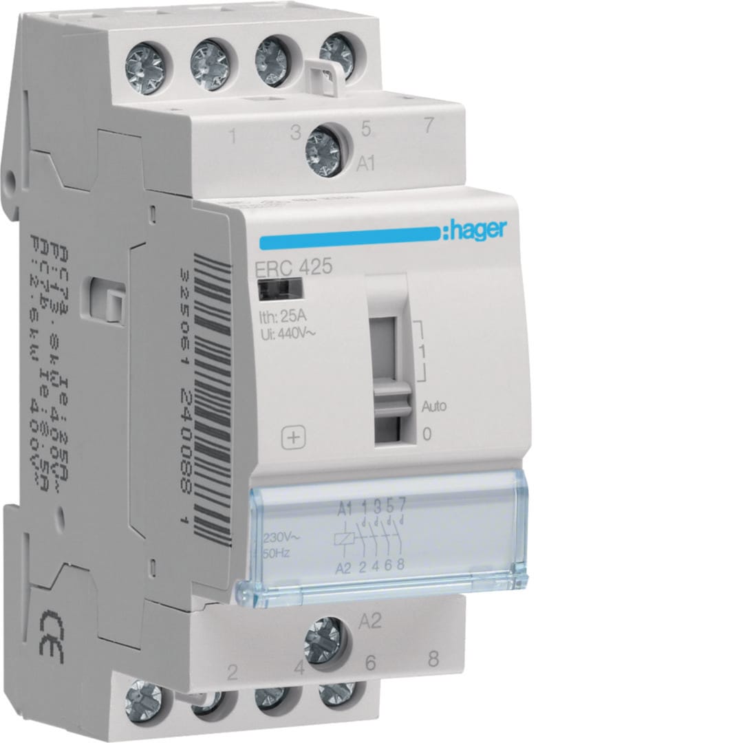 HAGER Contactor manuele bediening 4x25A 230V 4NO 2 modules ERC425