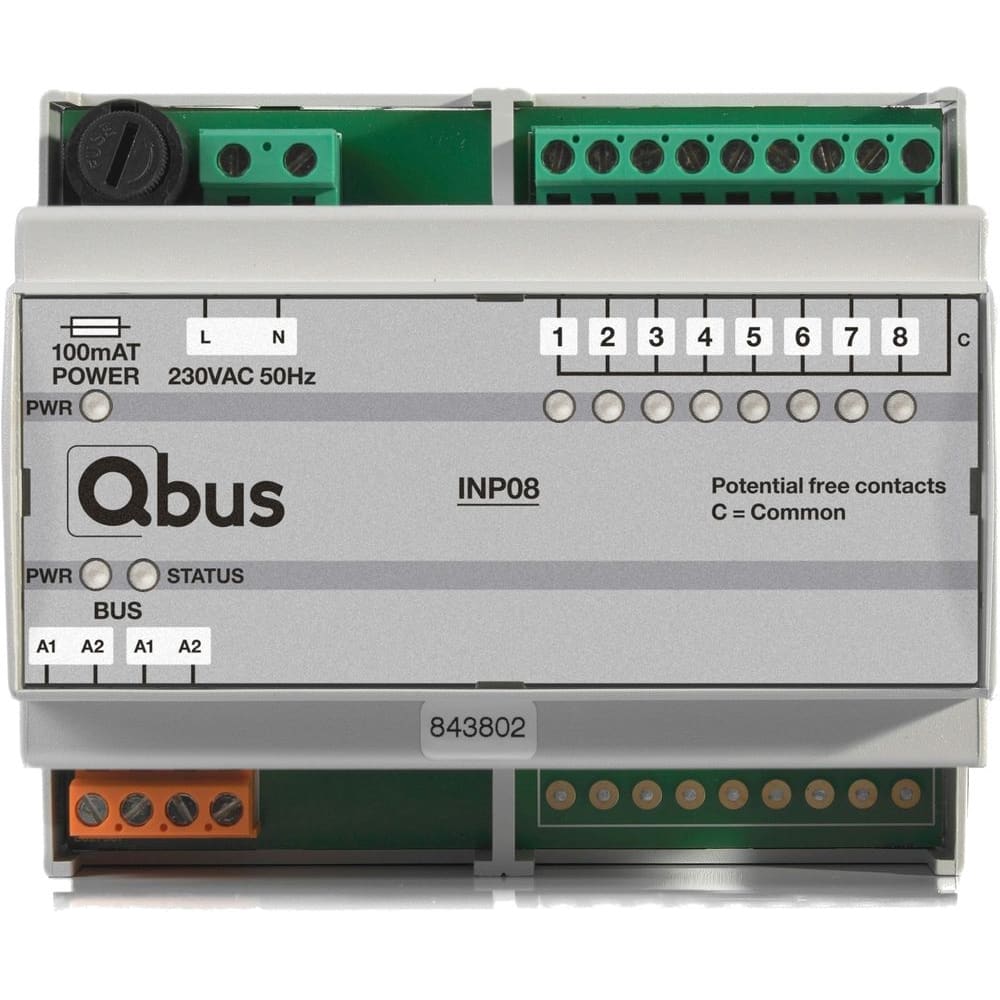 Qbus Inputmodule DIN RAIL (8x extern - 0 Volt) met LED indicatie INP08