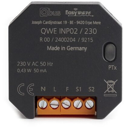 Qbus Draadloze Easywave inputmodule op 230V voor 2 drukknoppen / schakelaars QWE-INP02/230