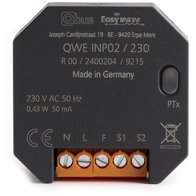 Qbus Draadloze Easywave inputmodule op 230V voor 2 drukknoppen / schakelaars QWE-INP02/230