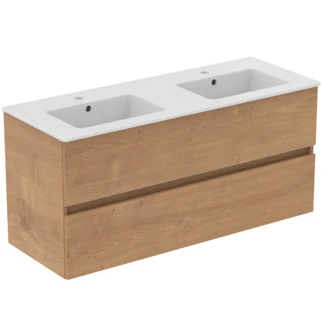 Ideal Standard Eurovit wastafelonderkast met 2 laden en wastafelblad 1215 x 455 x 565 mm - met kraangat - met overloop - Natural Oak R0576Y8